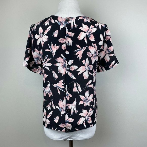 Madewell Silk Top S‎ Floral Button Back Tie Front Tee Sheer Black Pink - Picture 5 of 11